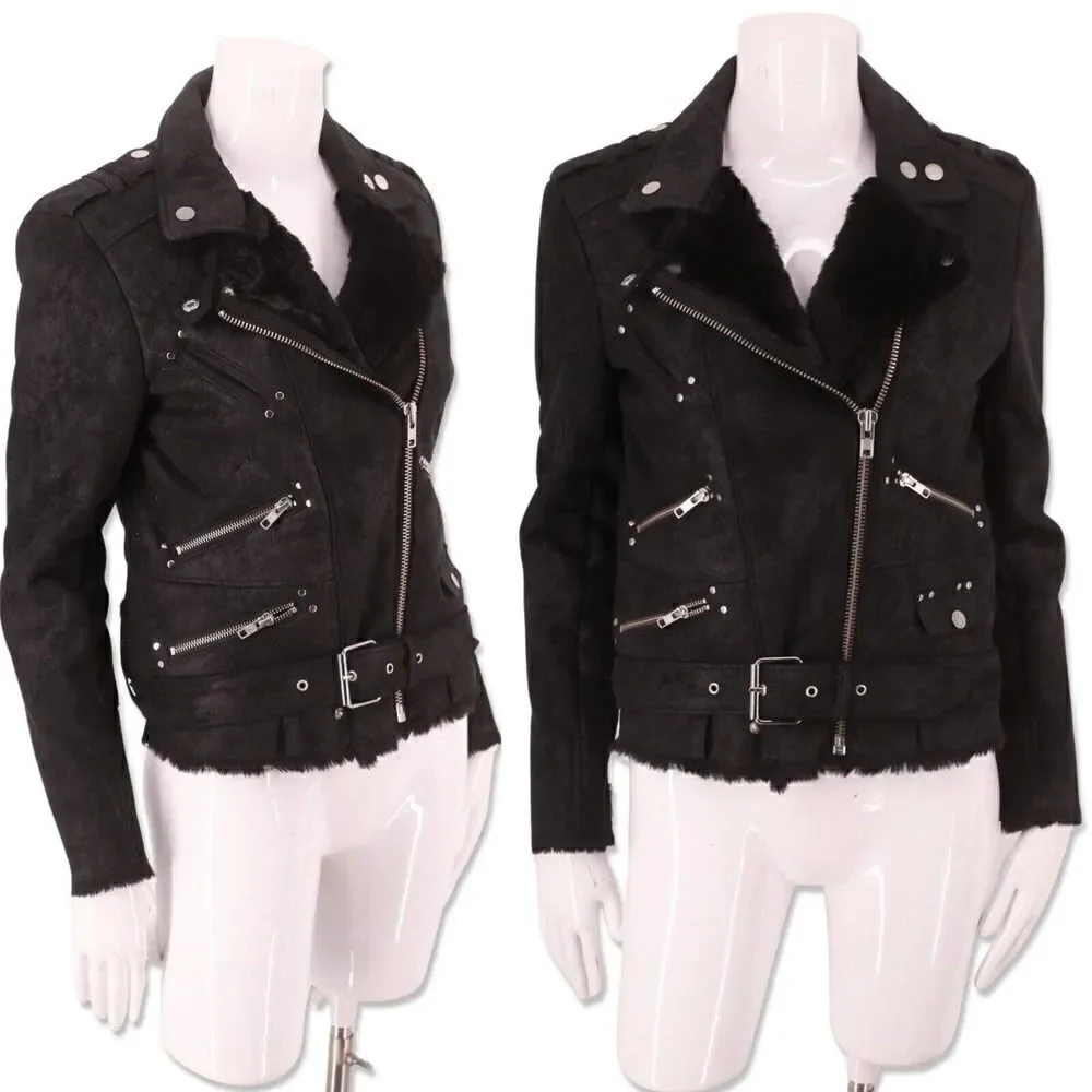 The Kooples black faux suede moto biker fur lined jacket vegan leather S - Picture 3 of 9